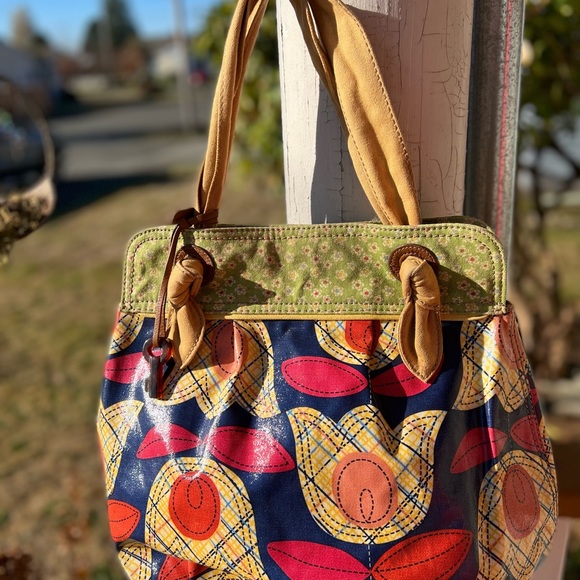 FOSSIL medium to large Multicolor Floral Canvas Satchel Tote Shoulder Bag. - Picture 2 of 6